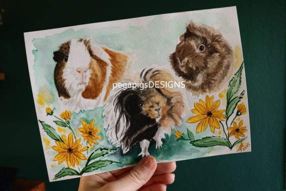 Watercolour painting of three guinea pigs
